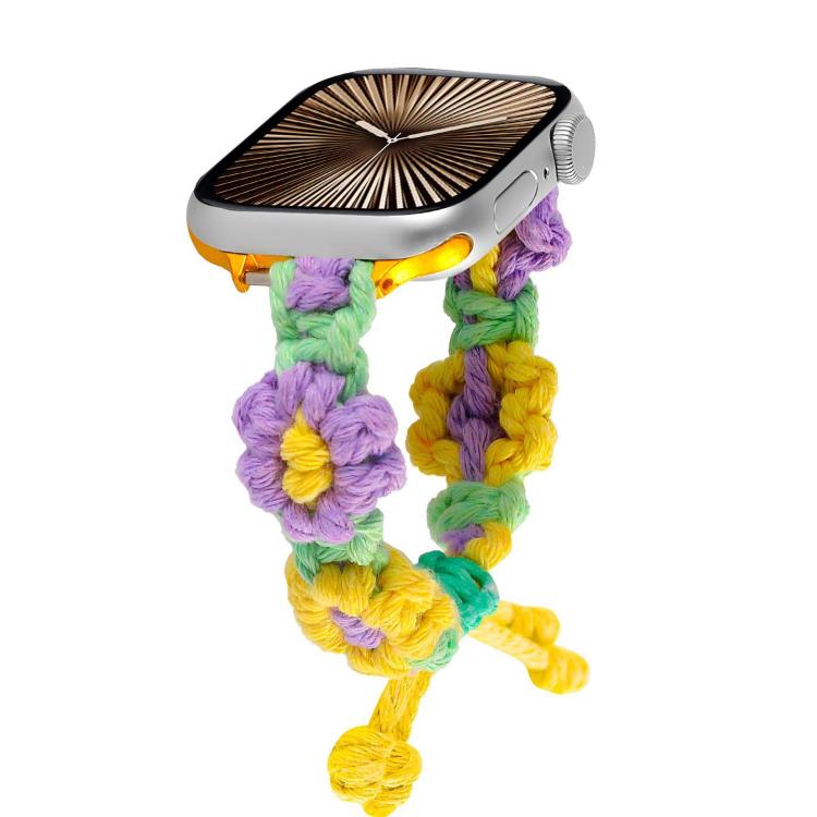 For Apple Watch 42mm / 41mm / 40mm / 38mm Hemp Rope Woven Flowers Drawstring Watch Band(Purple Yellow)