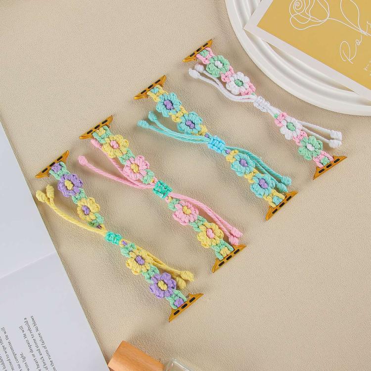 For Apple Watch 46mm / 49mm / 45mm / 44mm Hemp Rope Woven Flowers Drawstring Watch Band(Green White)