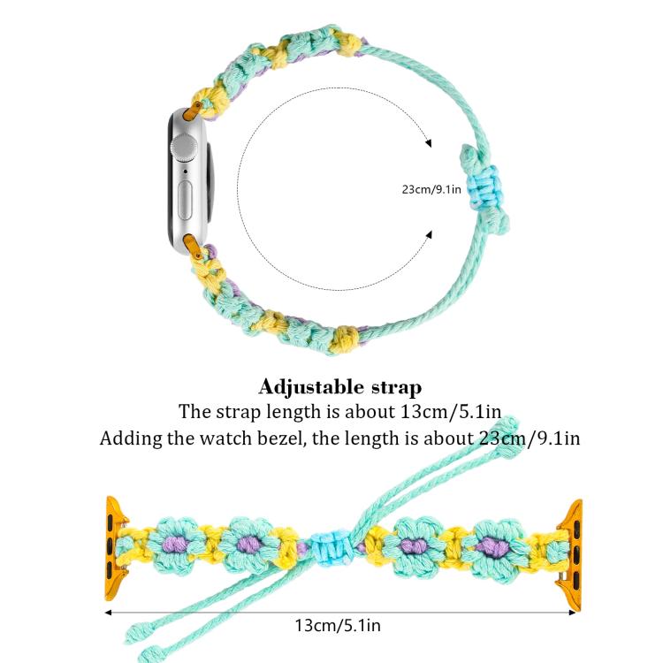 For Apple Watch 46mm / 49mm / 45mm / 44mm Hemp Rope Woven Flowers Drawstring Watch Band(Green White)
