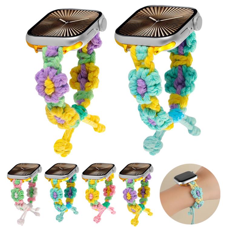 For Apple Watch 42mm / 41mm / 40mm / 38mm Hemp Rope Woven Flowers Drawstring Watch Band(Green White)