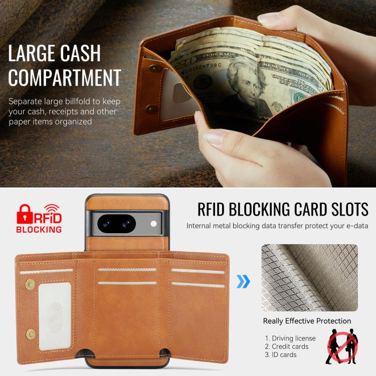 For Google Pixel 7 Fierre Shann 2 in 1 Holder RFID Card Slot Wallet MagSafe Phone Case(Dark Brown)