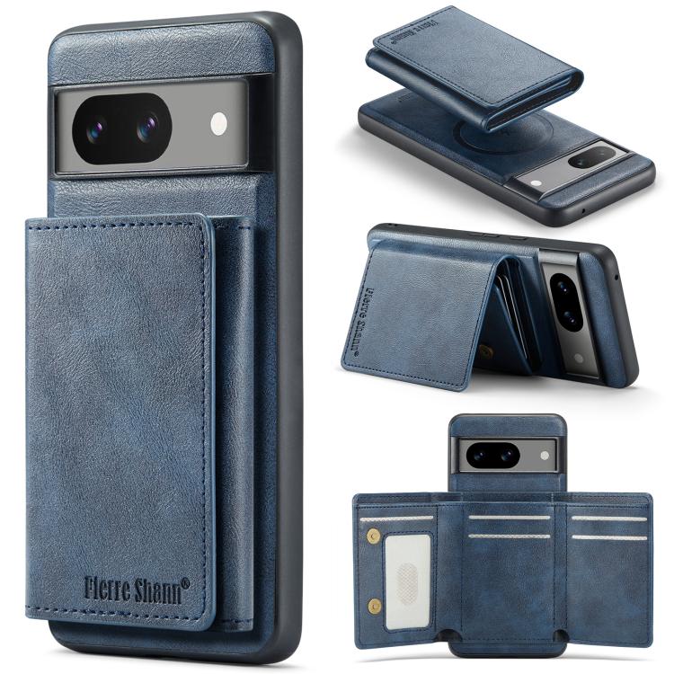 For Google Pixel 7 Fierre Shann 2 in 1 Holder RFID Card Slot Wallet MagSafe Phone Case(Blue)