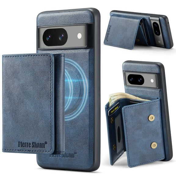 For Google Pixel 7 Fierre Shann 2 in 1 Holder RFID Card Slot Wallet MagSafe Phone Case(Blue)