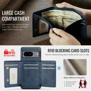 For Google Pixel 7 Fierre Shann 2 in 1 Holder RFID Card Slot Wallet MagSafe Phone Case(Blue)