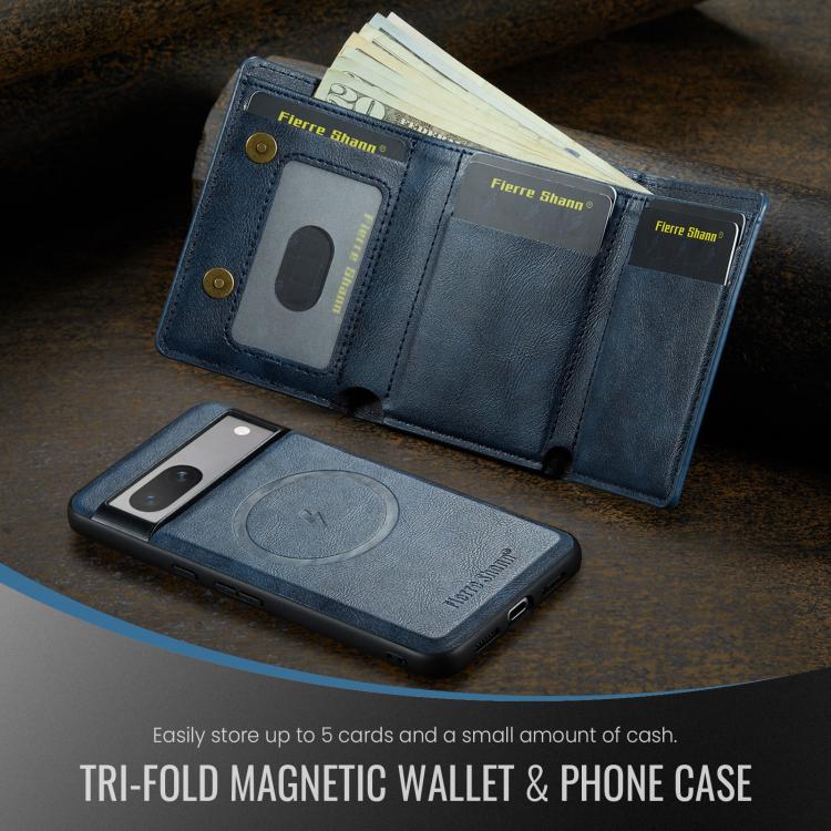 For Google Pixel 7 Fierre Shann 2 in 1 Holder RFID Card Slot Wallet MagSafe Phone Case(Blue)