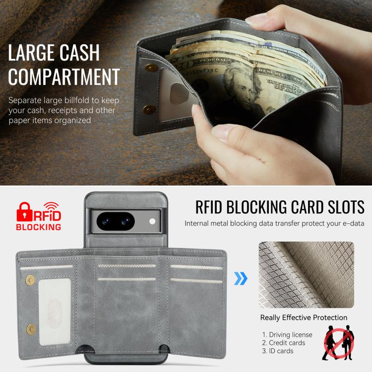 For Google Pixel 7 Fierre Shann 2 in 1 Holder RFID Card Slot Wallet MagSafe Phone Case(Grey)