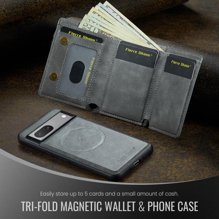 For Google Pixel 7 Fierre Shann 2 in 1 Holder RFID Card Slot Wallet MagSafe Phone Case(Grey)