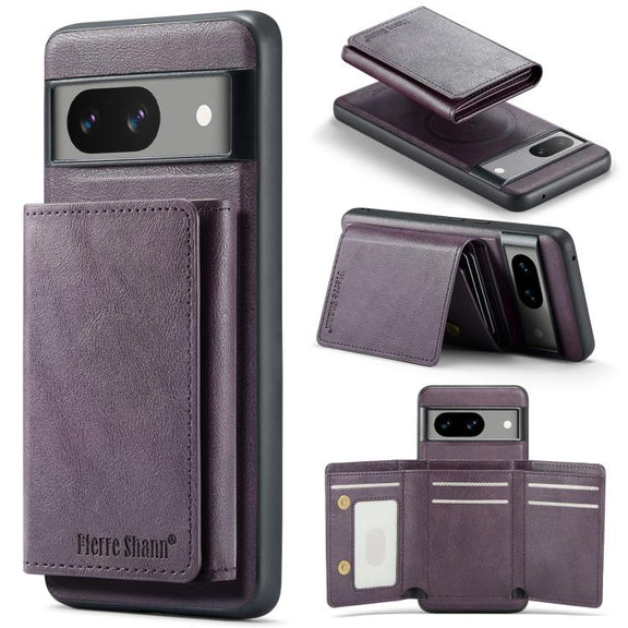 For Google Pixel 7 Fierre Shann 2 in 1 Holder RFID Card Slot Wallet MagSafe Phone Case(Purple)