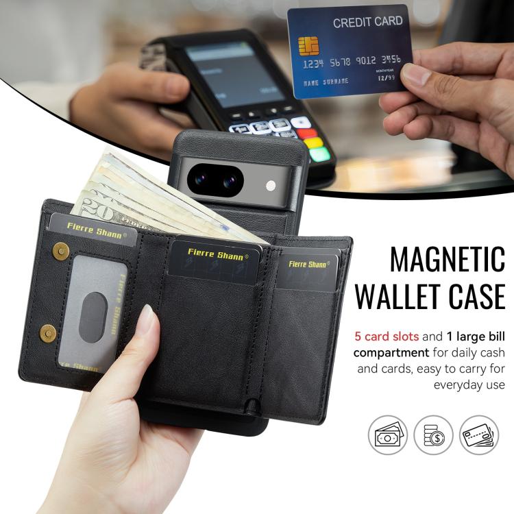 For Google Pixel 7 Fierre Shann 2 in 1 Holder RFID Card Slot Wallet MagSafe Phone Case(Black)