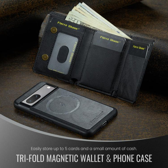 For Google Pixel 7 Fierre Shann 2 in 1 Holder RFID Card Slot Wallet MagSafe Phone Case(Black)