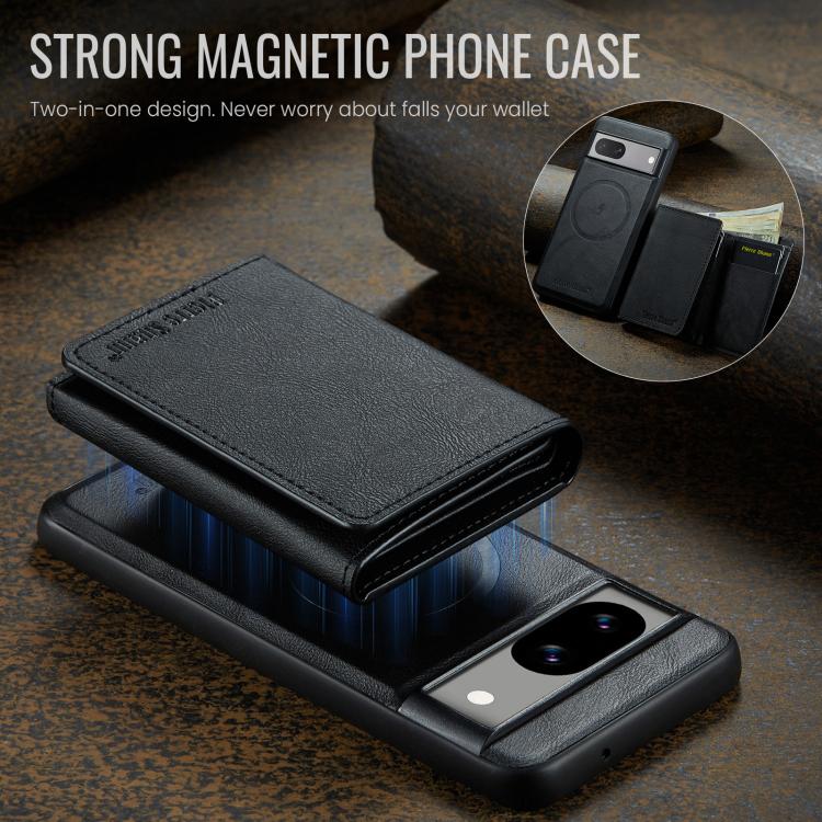 For Google Pixel 7a Fierre Shann 2 in 1 Holder RFID Card Slot Wallet MagSafe Phone Case(Black)
