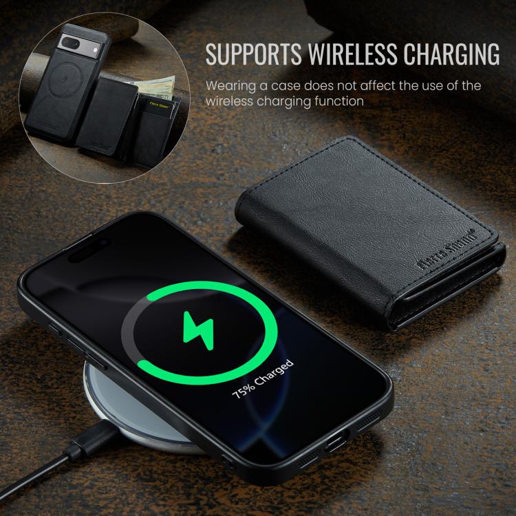 For Google Pixel 7a Fierre Shann 2 in 1 Holder RFID Card Slot Wallet MagSafe Phone Case(Black)
