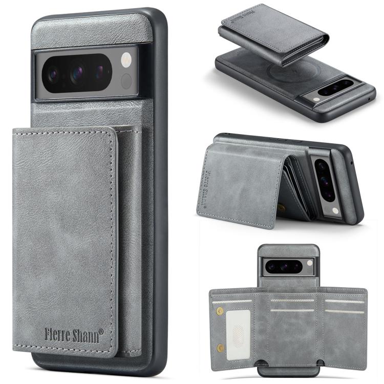 For Google Pixel 7 Pro Fierre Shann 2 in 1 Holder RFID Card Slot Wallet MagSafe Phone Case(Grey)