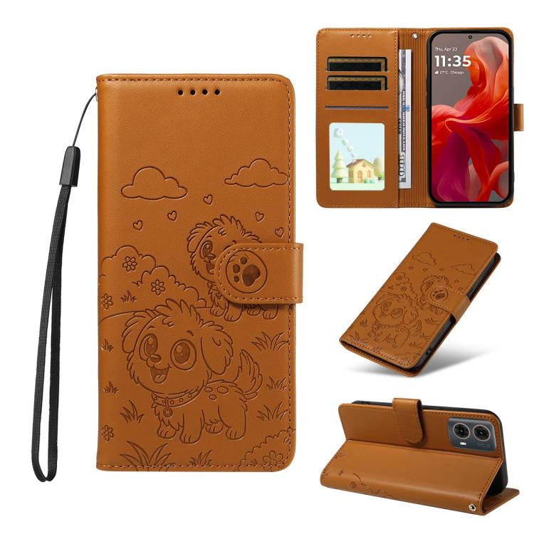 For Motorola Edge 50 Fusion 5G Embossed Heart Dog RFID Blocking Wallet Leather Phone Case(Brown)