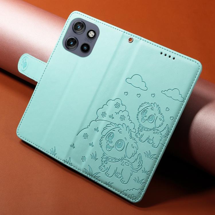 For Motorola Edge 50 Neo 5G Embossed Heart Dog RFID Blocking Wallet Leather Phone Case(Green)