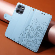 For Motorola Edge 50 Neo 5G Embossed Heart Dog RFID Blocking Wallet Leather Phone Case(Sky Blue)