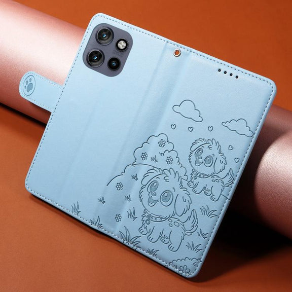 For Motorola Edge 50 Neo 5G Embossed Heart Dog RFID Blocking Wallet Leather Phone Case(Sky Blue)