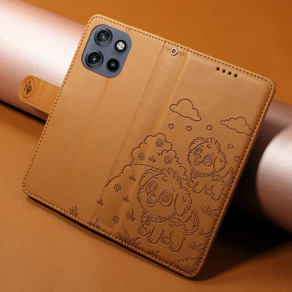 For Motorola Edge 50 Neo 5G Embossed Heart Dog RFID Blocking Wallet Leather Phone Case(Brown)