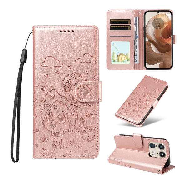 For Motorola Edge 50 Ultra 5G Embossed Heart Dog RFID Blocking Wallet Leather Phone Case(Rose Gold)