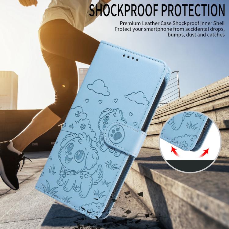 For Motorola Edge 50 Ultra 5G Embossed Heart Dog RFID Blocking Wallet Leather Phone Case(Sky Blue)