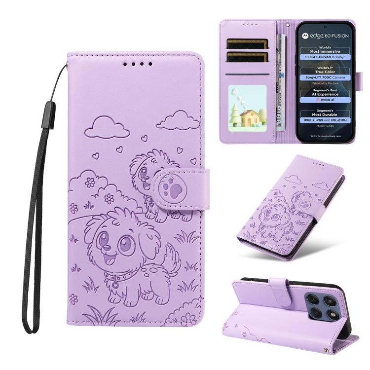 For Motorola Edge 60 Fusion 5G / 60 Pro Embossed Heart Dog RFID Blocking Wallet Leather Phone Case(Purple)
