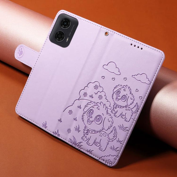 For Motorola Moto G04 / G24 / E14 Embossed Heart Dog RFID Blocking Wallet Leather Phone Case(Purple)
