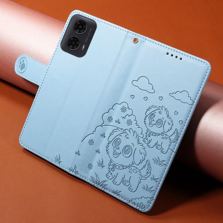 For Motorola Moto G04 / G24 / E14 Embossed Heart Dog RFID Blocking Wallet Leather Phone Case(Rose Gold)