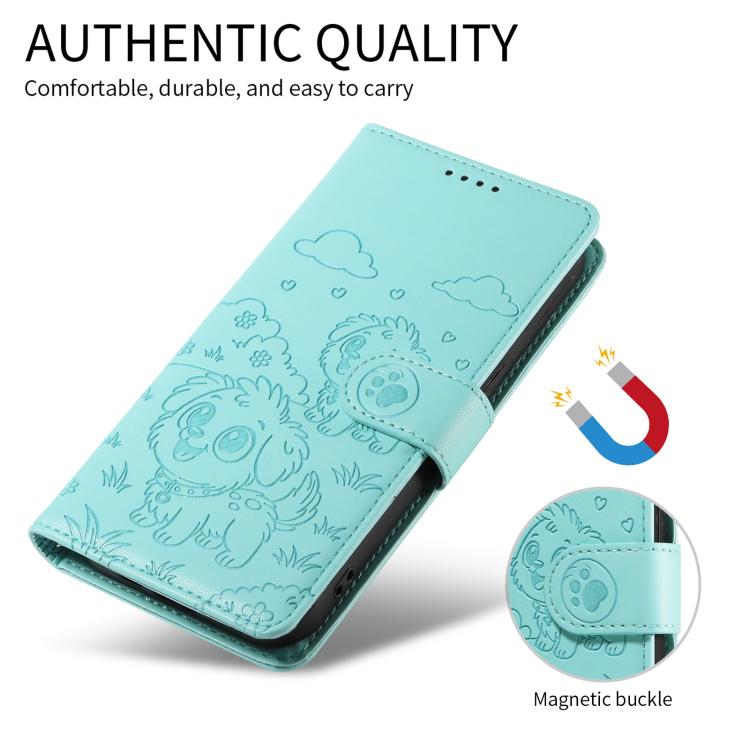 For Motorola Moto G05 / E15 Embossed Heart Dog RFID Blocking Wallet Leather Phone Case(Green)