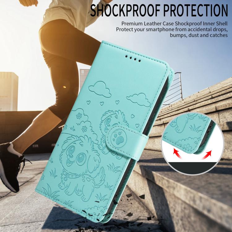 For Motorola Moto G05 / E15 Embossed Heart Dog RFID Blocking Wallet Leather Phone Case(Green)