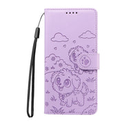 For Motorola Moto G05 / E15 Embossed Heart Dog RFID Blocking Wallet Leather Phone Case(Purple)