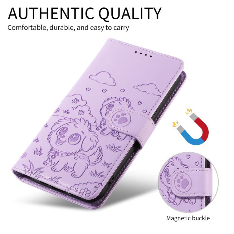 For Motorola Moto G05 / E15 Embossed Heart Dog RFID Blocking Wallet Leather Phone Case(Purple)
