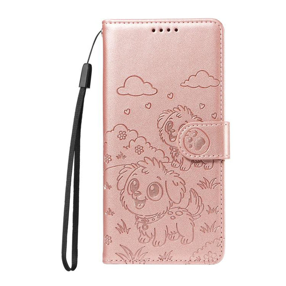 For Motorola Moto G05 / E15 Embossed Heart Dog RFID Blocking Wallet Leather Phone Case(Rose Gold)