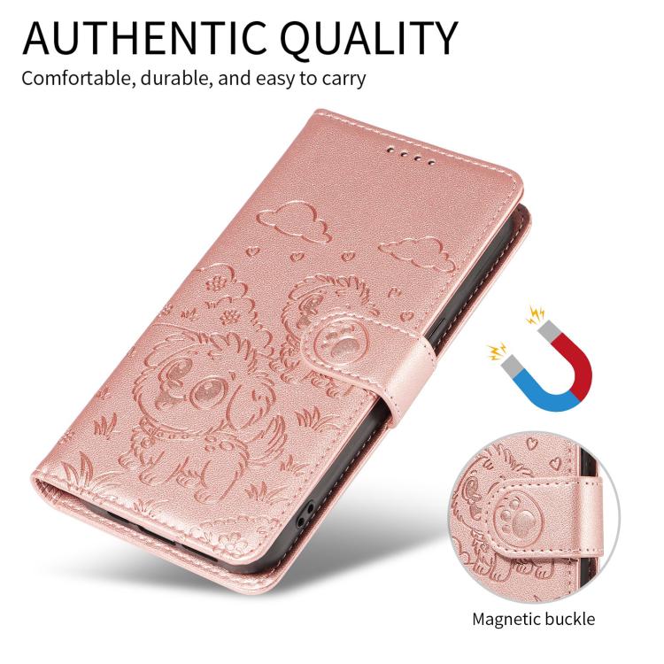 For Motorola Moto G05 / E15 Embossed Heart Dog RFID Blocking Wallet Leather Phone Case(Rose Gold)