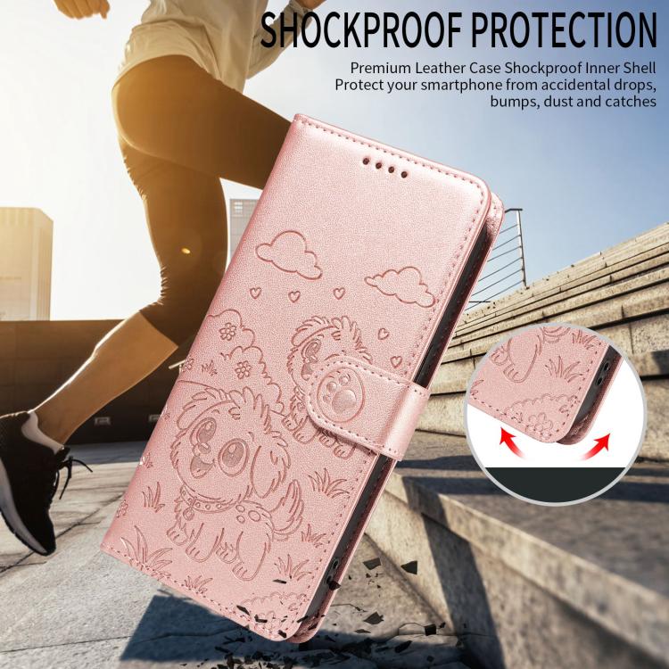 For Motorola Moto G05 / E15 Embossed Heart Dog RFID Blocking Wallet Leather Phone Case(Rose Gold)