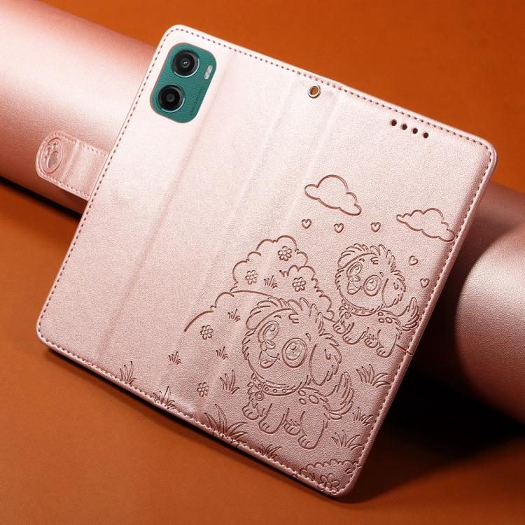 For Motorola Moto G05 / E15 Embossed Heart Dog RFID Blocking Wallet Leather Phone Case(Rose Gold)