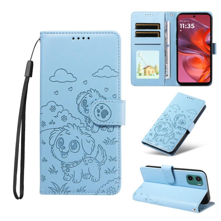 For Motorola Moto G05 / E15 Embossed Heart Dog RFID Blocking Wallet Leather Phone Case(Sky Blue)