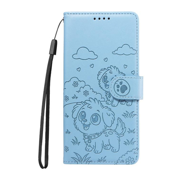 For Motorola Moto G05 / E15 Embossed Heart Dog RFID Blocking Wallet Leather Phone Case(Sky Blue)