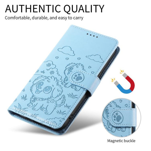 For Motorola Moto G05 / E15 Embossed Heart Dog RFID Blocking Wallet Leather Phone Case(Sky Blue)