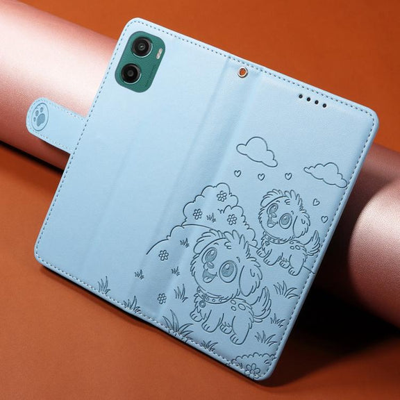 For Motorola Moto G05 / E15 Embossed Heart Dog RFID Blocking Wallet Leather Phone Case(Sky Blue)