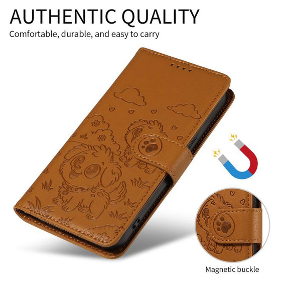 For Motorola Moto G05 / E15 Embossed Heart Dog RFID Blocking Wallet Leather Phone Case(Brown)