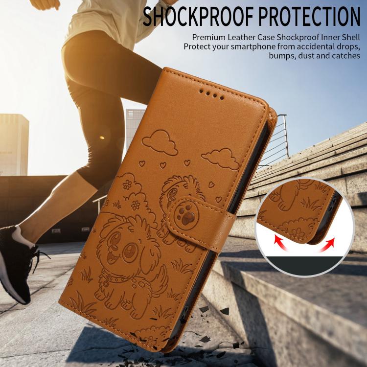 For Motorola Moto G05 / E15 Embossed Heart Dog RFID Blocking Wallet Leather Phone Case(Brown)