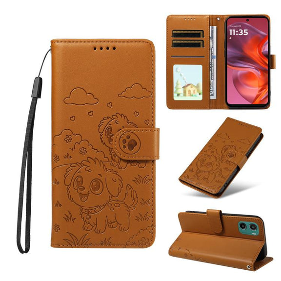 For Motorola Moto G05 / E15 Embossed Heart Dog RFID Blocking Wallet Leather Phone Case(Brown)