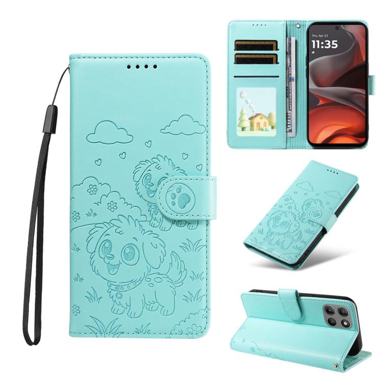 For Motorola Moto G15 / G15 Power Embossed Heart Dog RFID Blocking Wallet Leather Phone Case(Green)