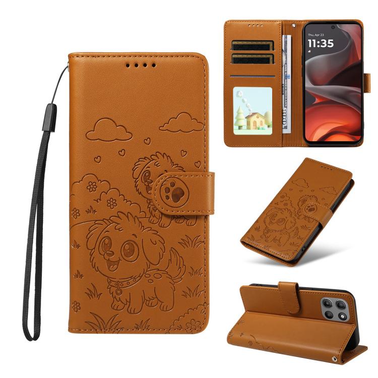 For Motorola Moto G15 / G15 Power Embossed Heart Dog RFID Blocking Wallet Leather Phone Case(Brown)