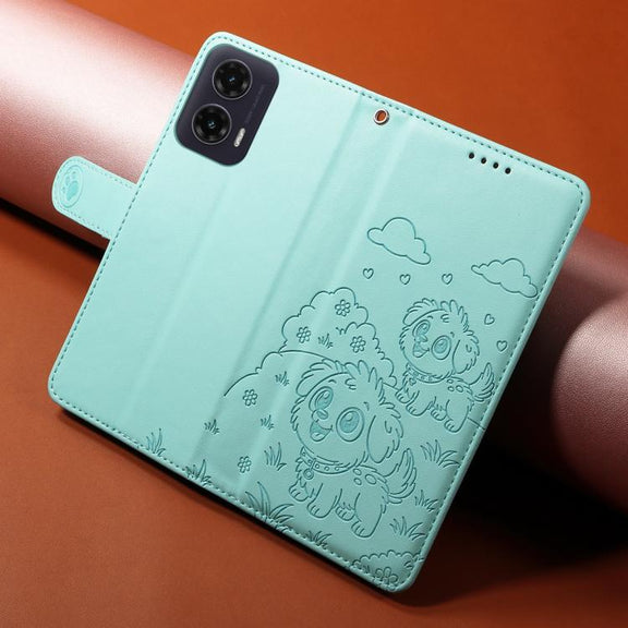 For Motorola Moto G35 5G Embossed Heart Dog RFID Blocking Wallet Leather Phone Case(Green)