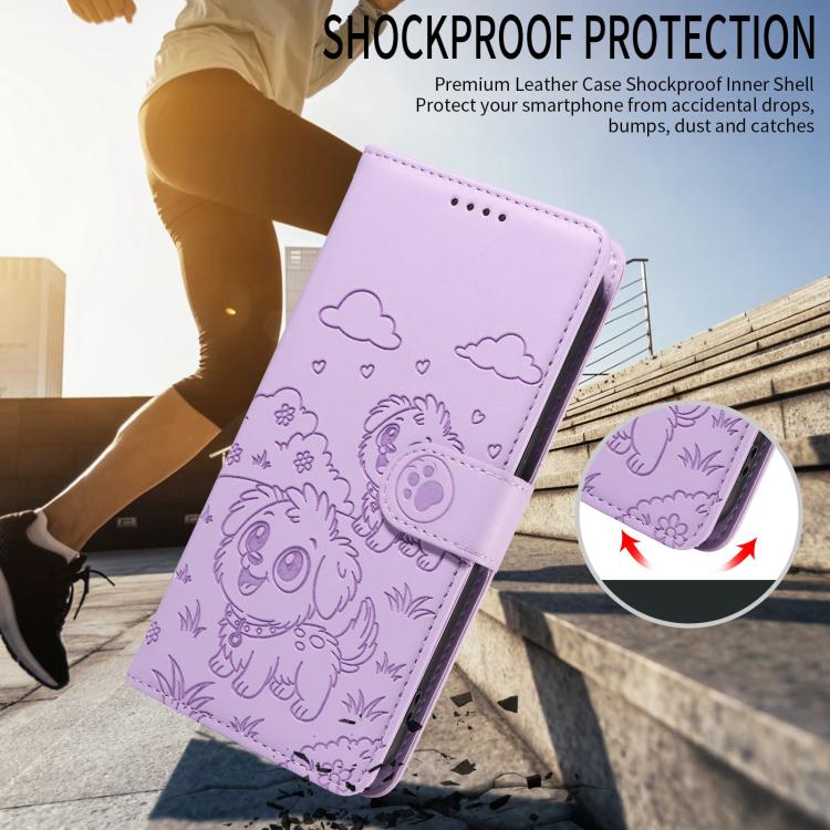 For Motorola Moto G35 5G Embossed Heart Dog RFID Blocking Wallet Leather Phone Case(Purple)