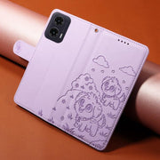 For Motorola Moto G35 5G Embossed Heart Dog RFID Blocking Wallet Leather Phone Case(Purple)