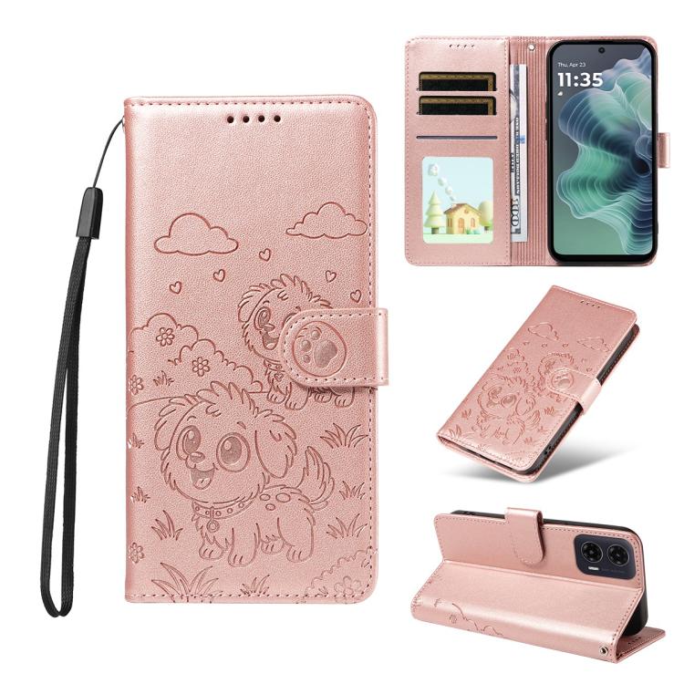 For Motorola Moto G35 5G Embossed Heart Dog RFID Blocking Wallet Leather Phone Case(Rose Gold)