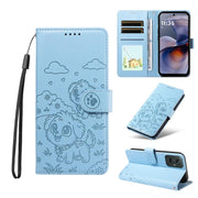 For Motorola Moto G55 5G Embossed Heart Dog RFID Blocking Wallet Leather Phone Case(Sky Blue)