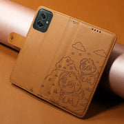 For Motorola Moto G55 5G Embossed Heart Dog RFID Blocking Wallet Leather Phone Case(Brown)
